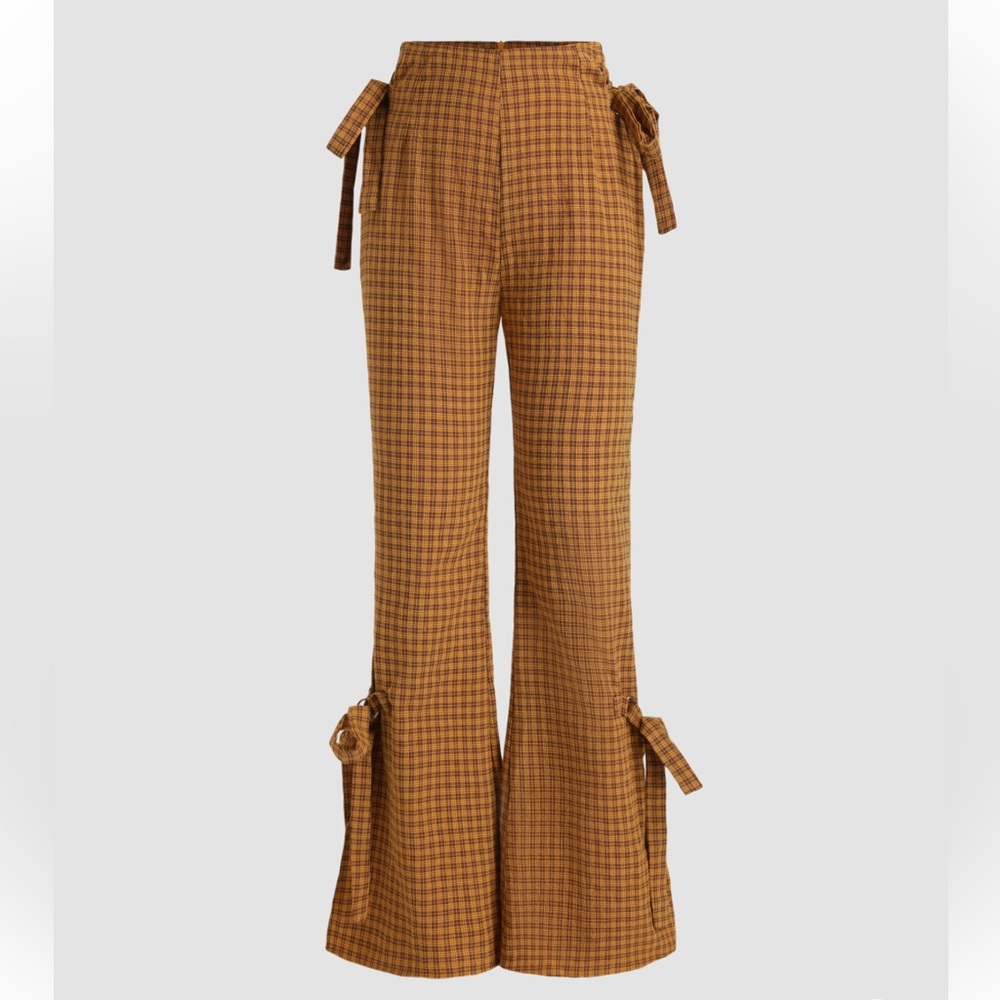 Cider NWT tie high waist flare plaid orange gold brown camel trouser pants sz S